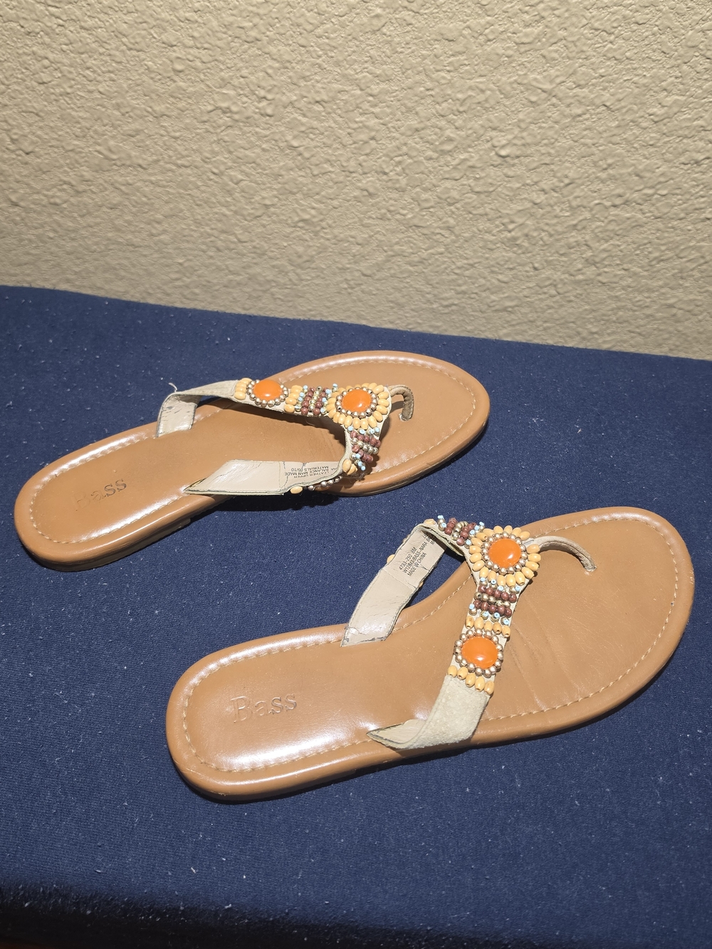 Bass Tan Leather Flip Flop Sandals with Orange Beaded Accents - Picture 4 of 5